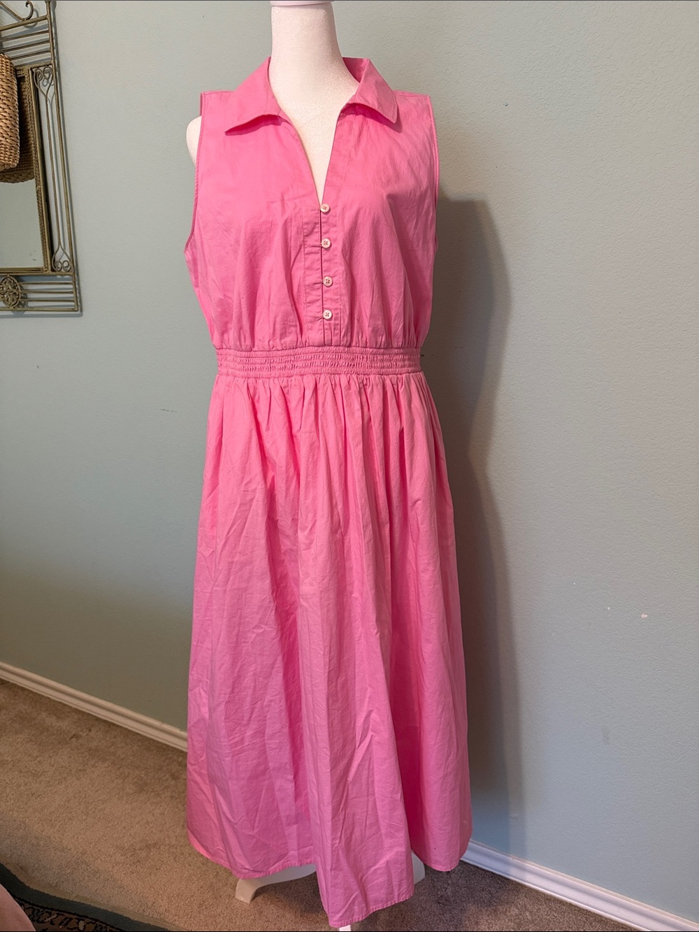 J. Crew Bright Pink Sleeveless Midi Shirt Dress with pockets